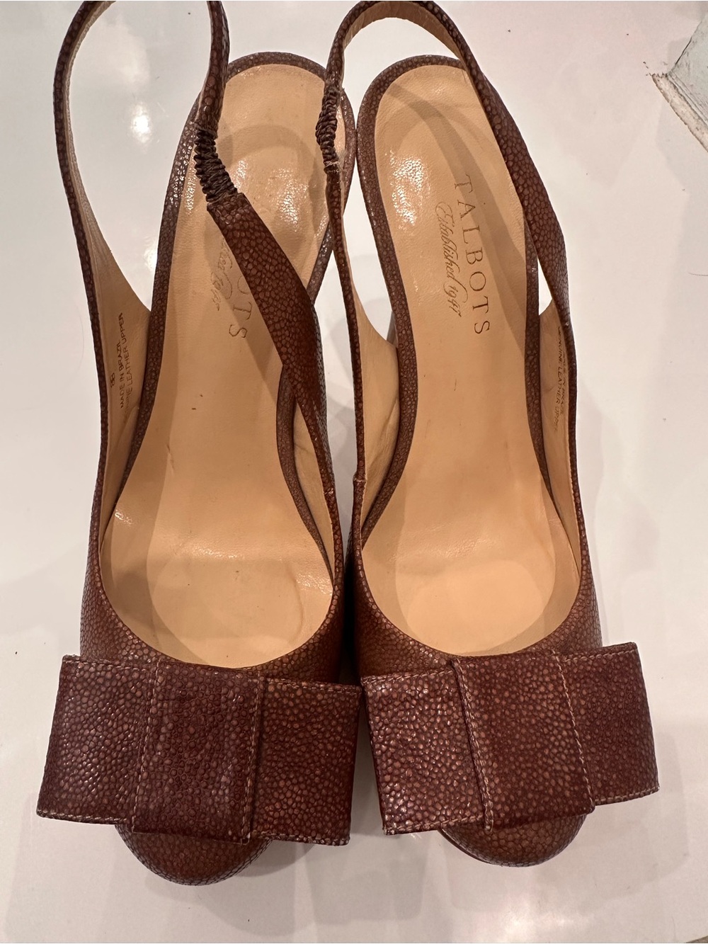 Talbots Brown Textured Slingback Heels with Bow Accent